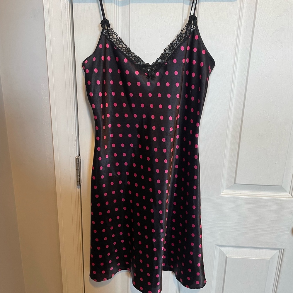 PINK AND BLACK POLKA DOT VTG SLIP DRESS